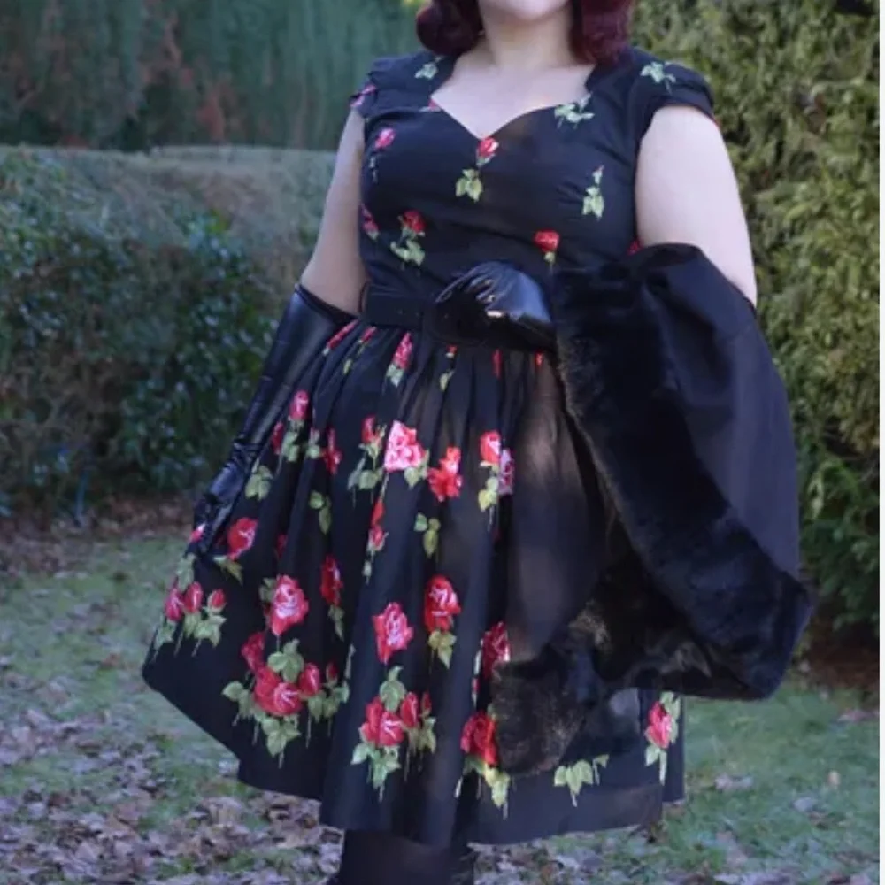 Hell Bunny Antonia Mid Dress Rose Print Floral Fit Flare Retro Pinup Rockabilly - Picture 9 of 16